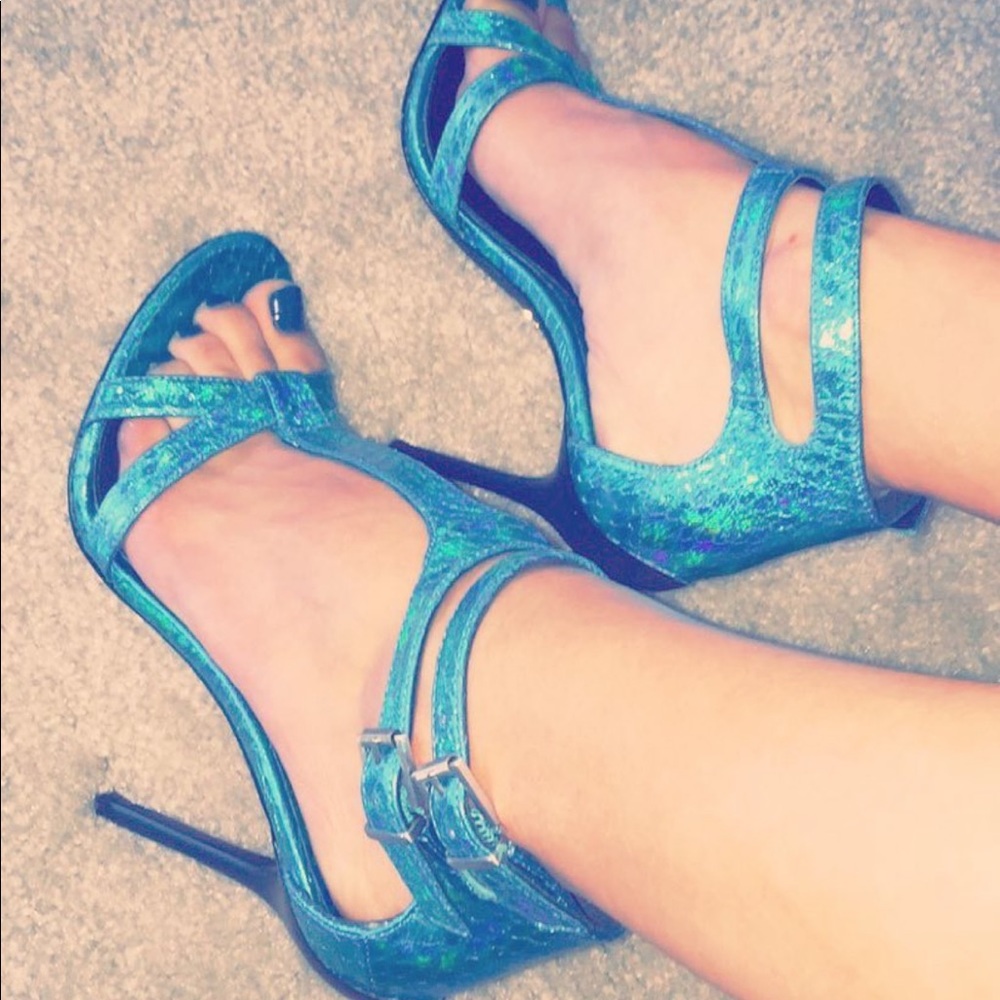 Brian Atwood Turquoise Snakeskin Strappy Heel
